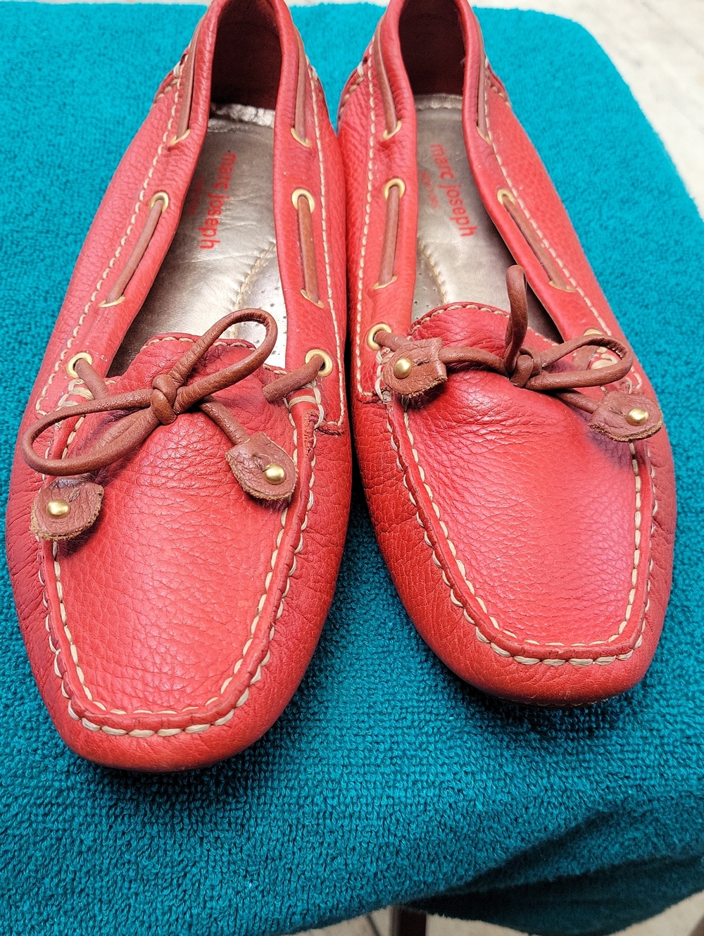 Marc Joseph Red Leather Driving Moccasins with Brown Lacing